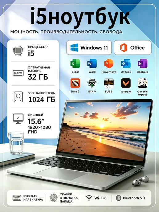 Ноутбук 15. 6 дюймов для работы и учиться 32 ГБ+1024ГБ, 32 ГБ, 1024 ГБ
