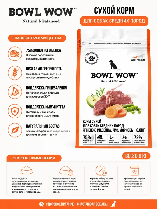 Сухой корм BOWL WOW Морковь для собак, индейка, ягненок, 0,8 кг, фото 2