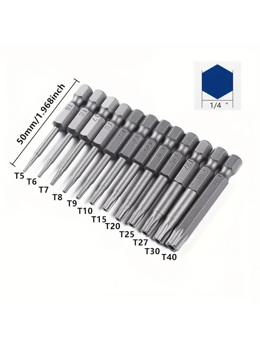 Нет бренда Набор бит Torx с шестигранным хвостовиком, 12 шт, 50 мм, 1, 12 шт, фото 2