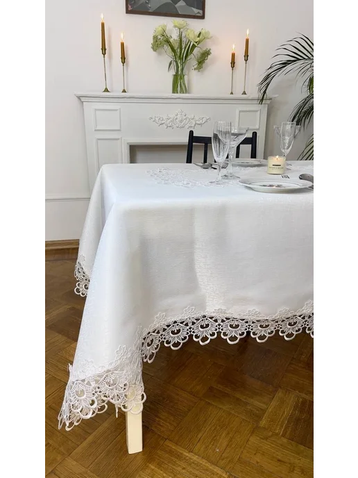 Скатерть на стол тканевая Брюссель с кружевом, белый, фото 4