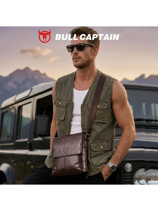 BULLCAPTAIN Сумка мужская кожаная, мессенджер на плечо, модн, черный, фото 3