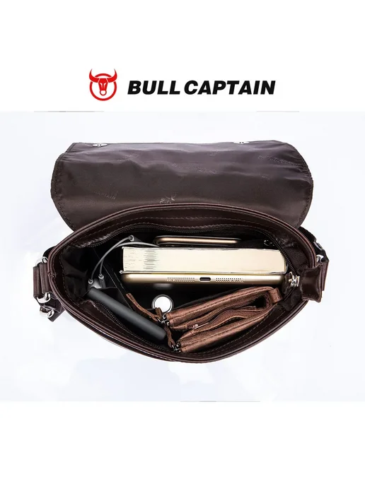 BULLCAPTAIN Сумка мужская кожаная, мессенджер на плечо, модн, черный, фото 5
