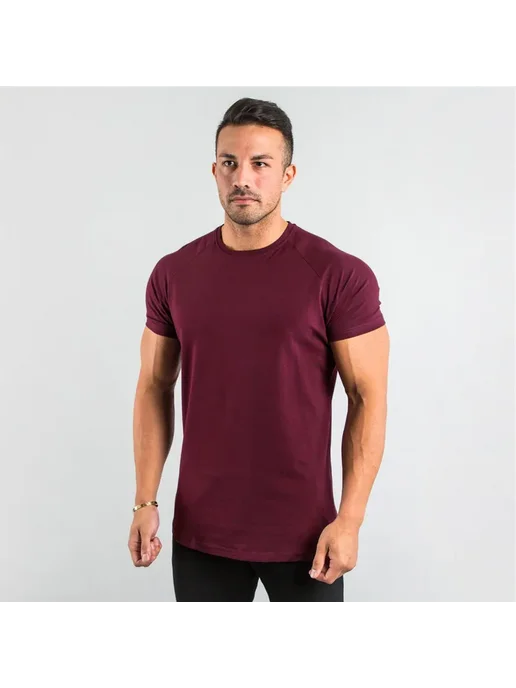 YOUONGWEAR Мужская Хлопковая Однотонная Футболка Для Фитнеса С Коротким, бежевый, фото 3
