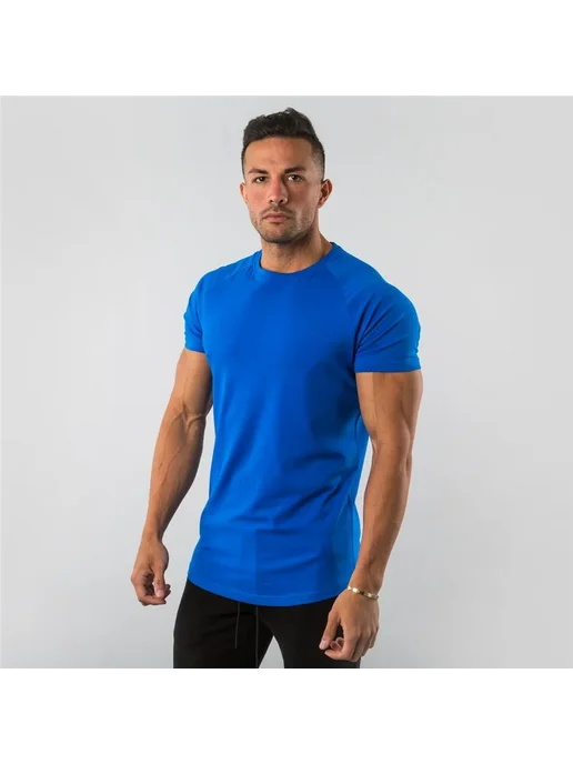 YOUONGWEAR Мужская Хлопковая Однотонная Футболка Для Фитнеса С Коротким, синий