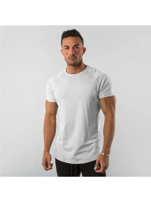 YOUONGWEAR Мужская Хлопковая Однотонная Футболка Для Фитнеса С Коротким, белый