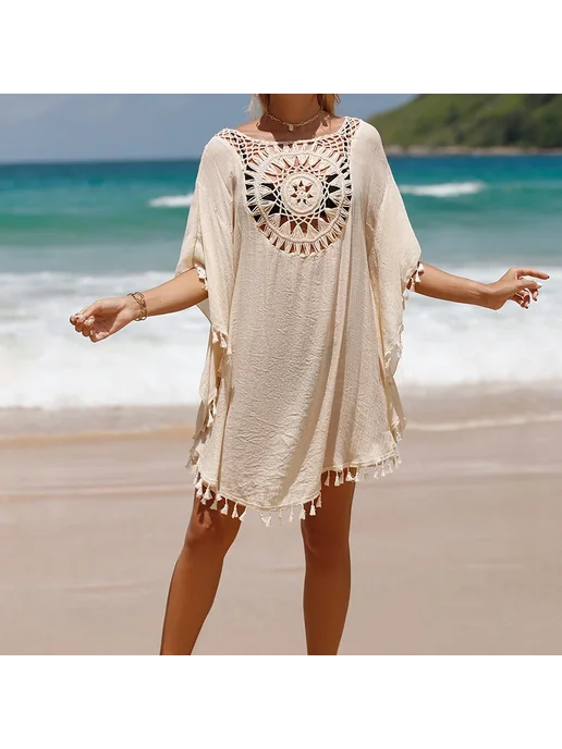 crochet bikini Женское парео из полиэстера Бежевый, Бежевый, черный, фото 2