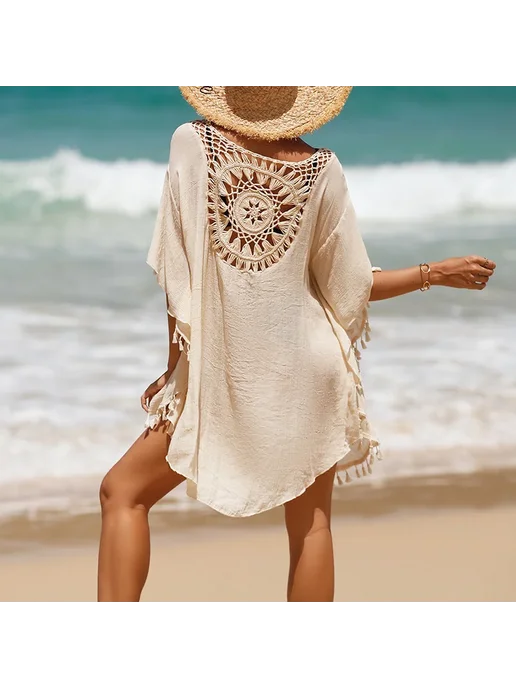 crochet bikini Женское парео из полиэстера Бежевый, Бежевый, черный, фото 4