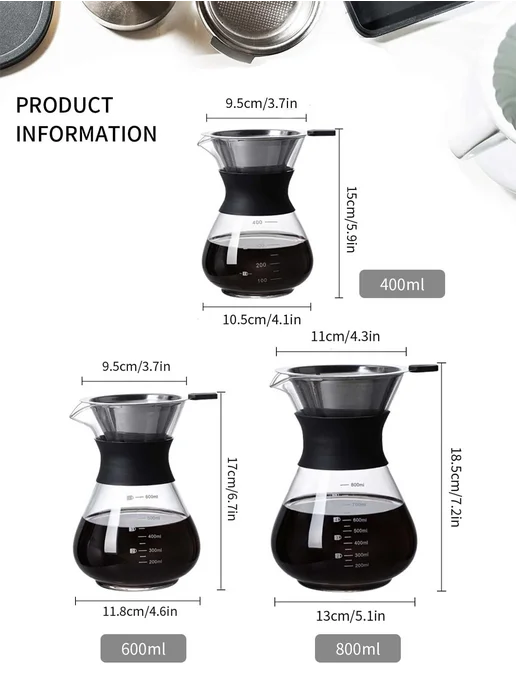 Leeseph Кофеварка Pour Over стеклянная 600ml 20oz1, 600 мл, фото 3