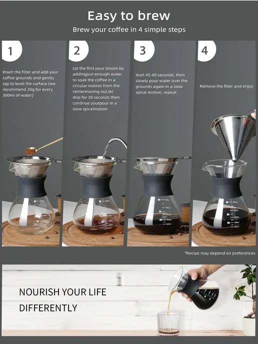Leeseph Кофеварка Pour Over стеклянная 600ml 20oz1, 600 мл, фото 4