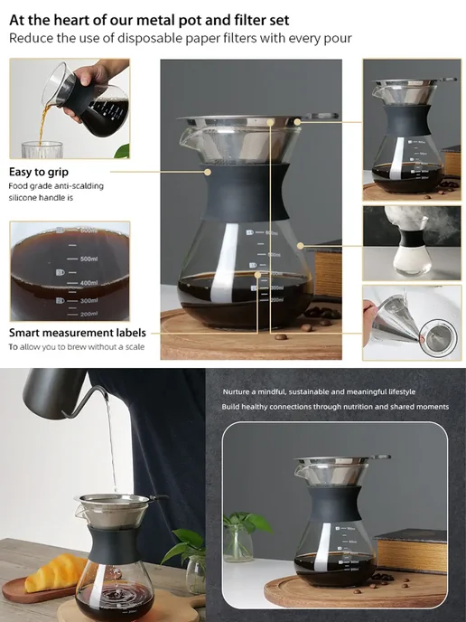 Leeseph Кофеварка Pour Over стеклянная 600ml 20oz1, 600 мл, фото 5