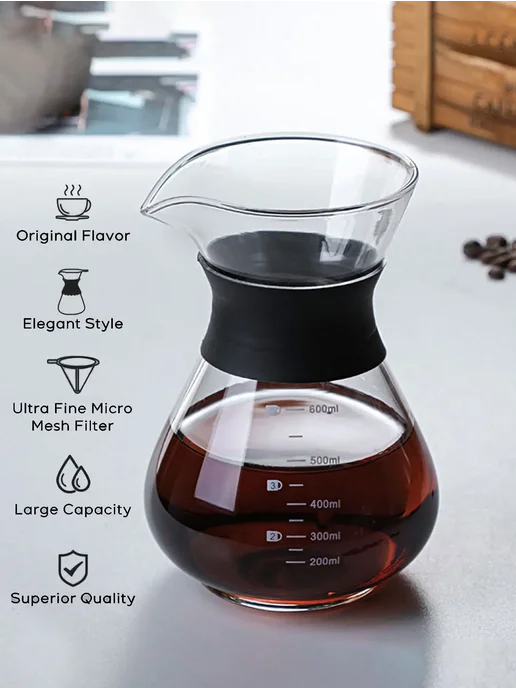 Leeseph Кофеварка Pour Over стеклянная 600ml 20oz1, 600 мл, фото 7