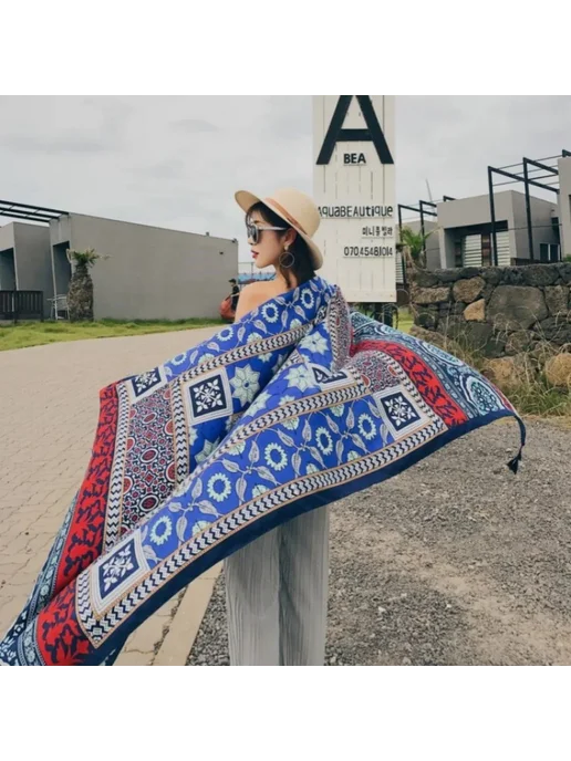 scoiry Парео женское синее цветочное, Blue Ethnic Style, синий