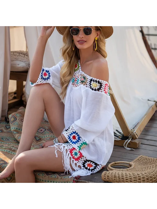 crochet bikini Черное парео с бахромой и вышивкой, черный, фото 4