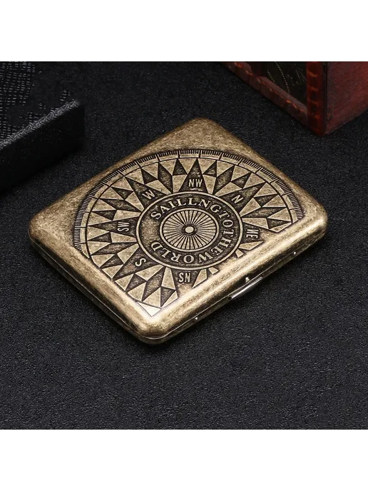 Нет бренда Металлический портсигар для сигарет Matte Black, Lucky Compass