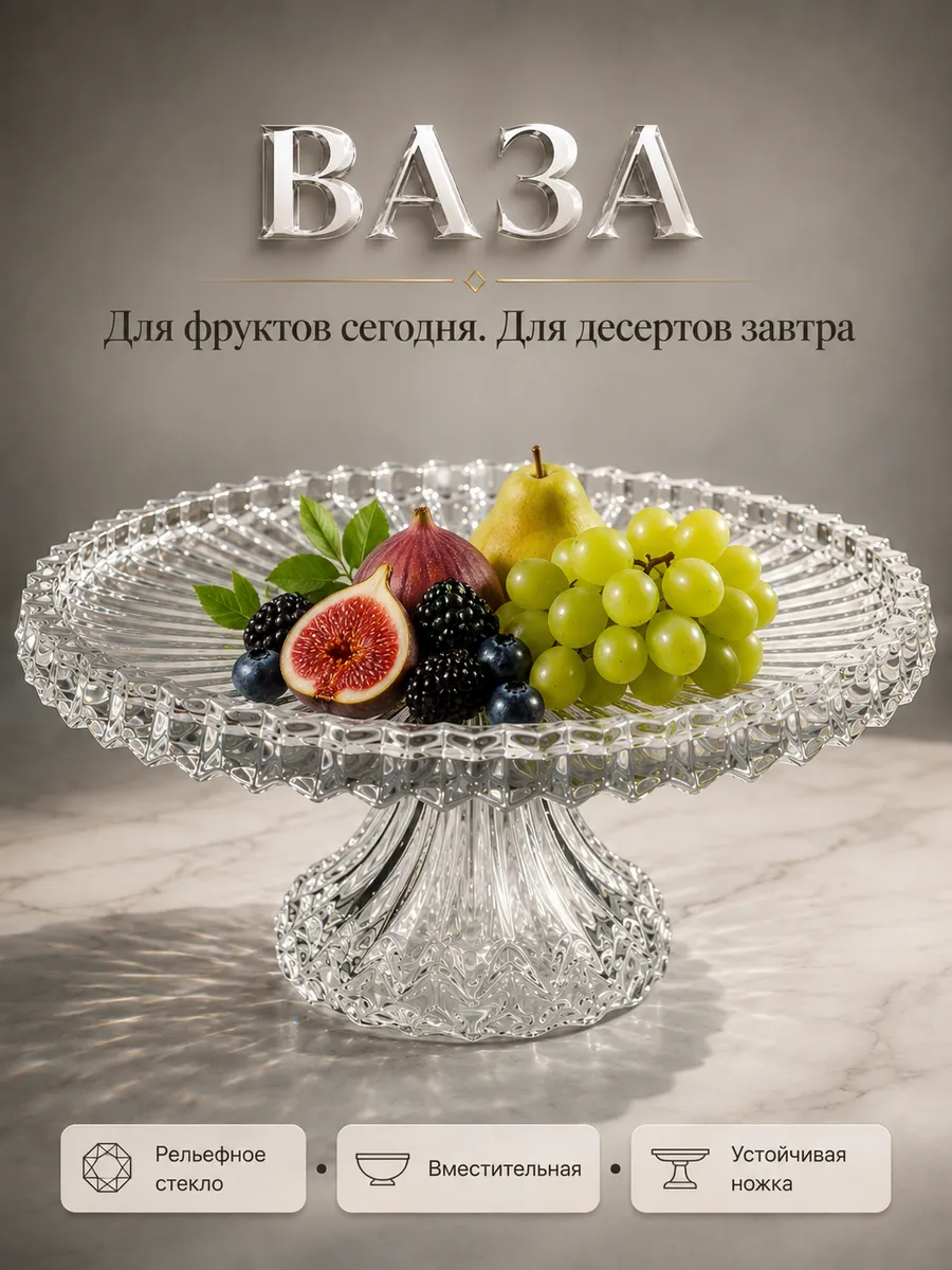 Ваза для фруктов и конфет стеклянная на ножке красивая