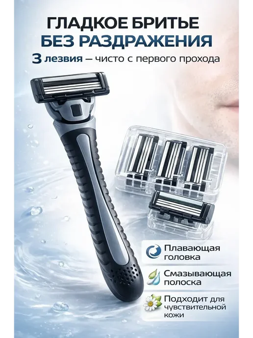 Ада08 Бритва мужская с кассетами 9 шт, 3 лезвия, без раздражения, 9 шт