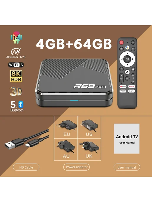 MORTAL R69 PRO Android TV Box, 2GB 16GB, AU Plug, 4 ГБ, 64 ГБ