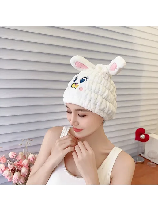 Нет бренда Шапочка для душа с животными Белый, white rabbit, розовый, фото 5