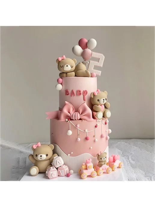 Нет бренда 3D медведь топпер для торта Розовый, Gift Pink 5pcs, 5 шт, фото 4