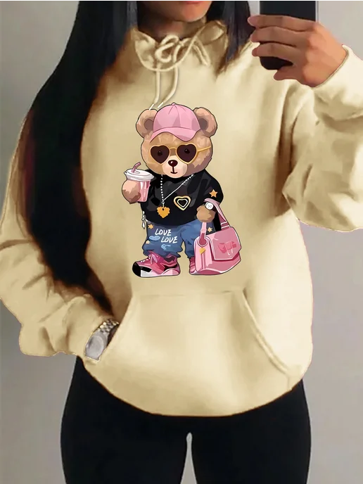teekossc Женская флисовая толстовка Cool Bear Sister Harajuku, бежевый