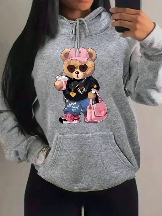 teekossc Женская флисовая толстовка Cool Bear Sister Harajuku, бежевый, фото 2