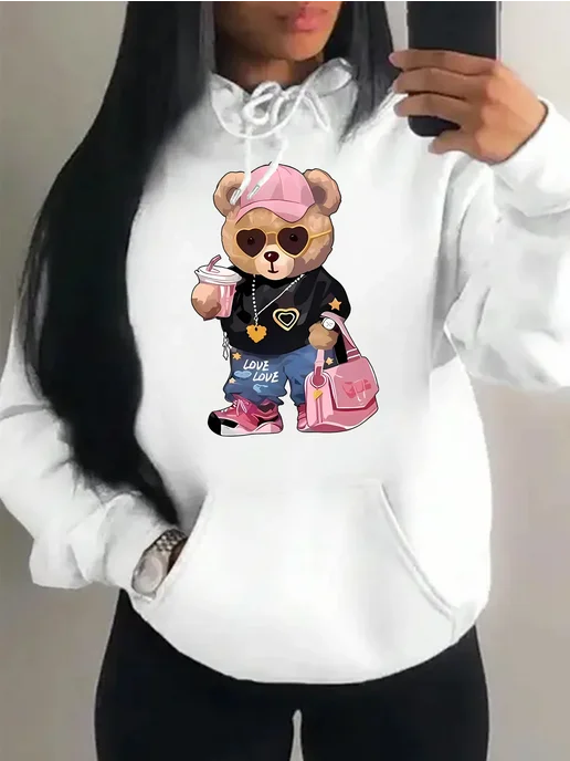 teekossc Женская флисовая толстовка Cool Bear Sister Harajuku, бежевый, фото 4