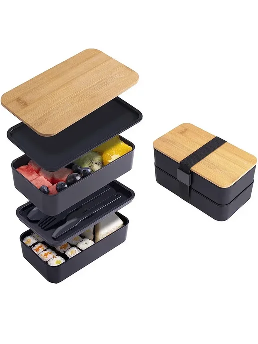 Нет бренда Премиальный двухъярусный ланч-бокс Bento Черный, BLACK, черный