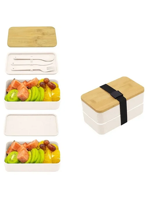 Премиальный двухъярусный ланч-бокс Bento Черный, BLACK, белый