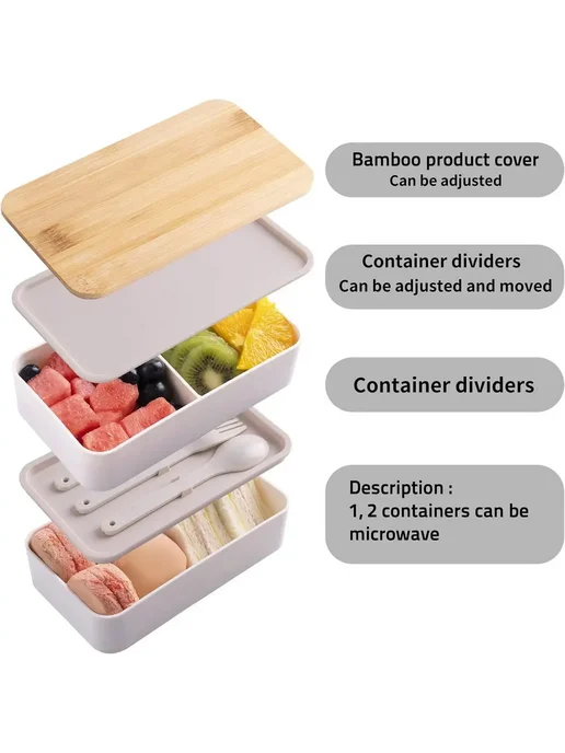 Премиальный двухъярусный ланч-бокс Bento Черный, BLACK, белый, фото 3