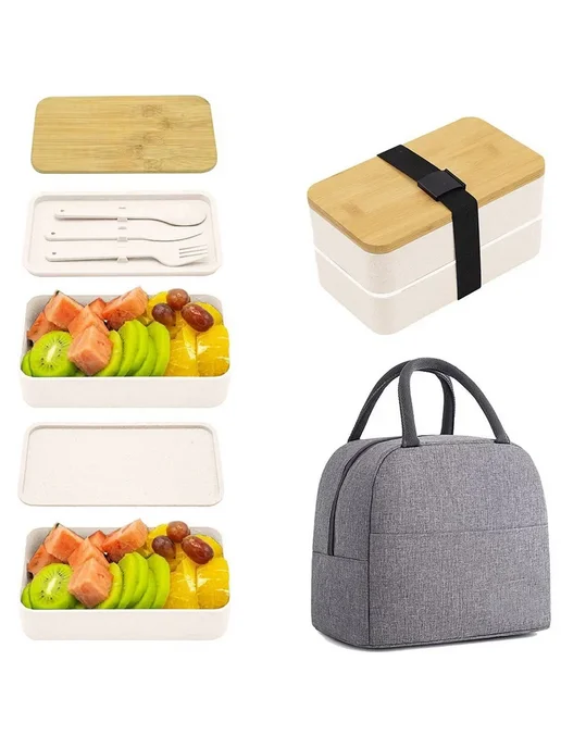 Нет бренда Двухъярусный ланч-бокс Bento, белый SET, белый