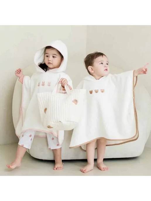 Нет бренда Детский халат Coral Fleece с капюшоном Бежевый, pink bear, белый, фото 2