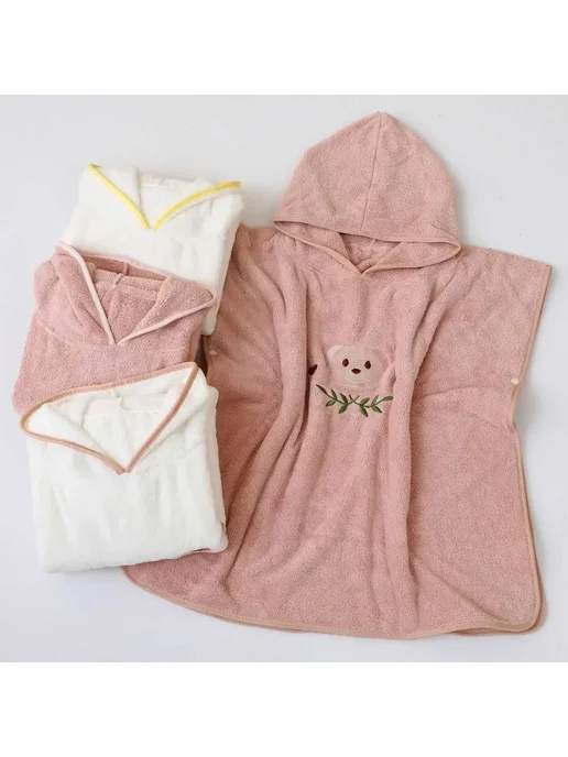 Нет бренда Детский халат Coral Fleece с капюшоном Бежевый, pink bear, белый, фото 6