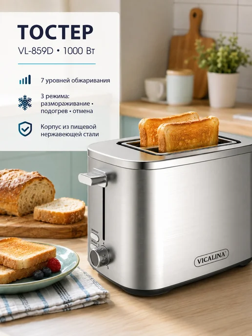 Vicalina Тостер для хлеба электрический 2 слота 1000 Вт, 1000 Вт