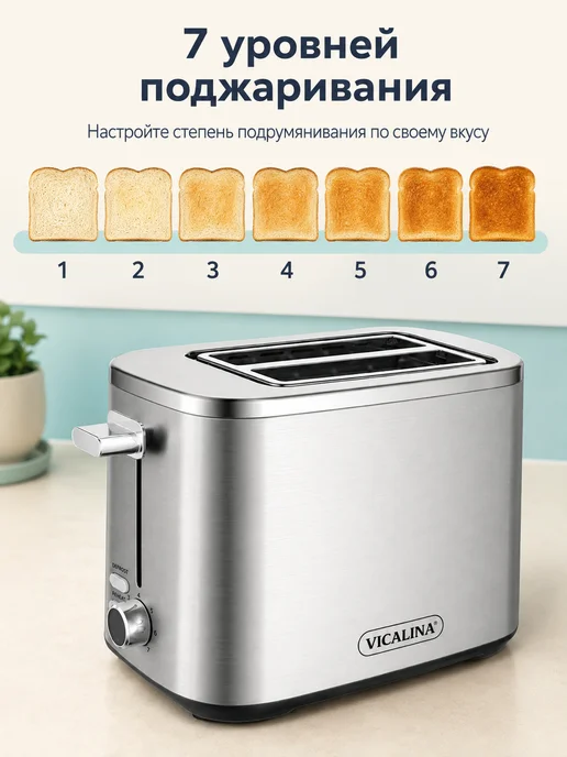 Vicalina Тостер для хлеба электрический 2 слота 1000 Вт, 1000 Вт, фото 4