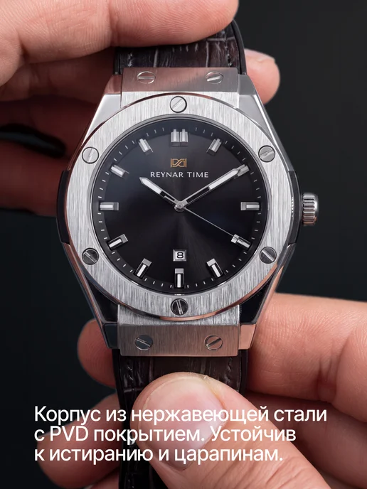 REYNAR TIME Часы наручные в подарок кварцевые с кожаным ремешком, черный, фото 7