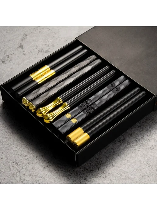 Drmfiy Набор палочек для еды из металла 5 пар 5 Pairs Black Gold, черный, фото 2