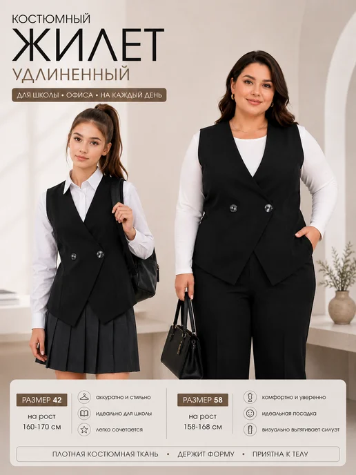 PiArMi Жилетка костюмная большие размеры осенний, черный, фото 3