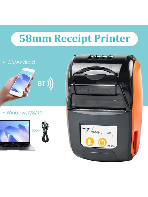 GOOJPRT Портативный Bluetooth-термопринтер 58 мм, 3 ролика, оранжевый, фото 2
