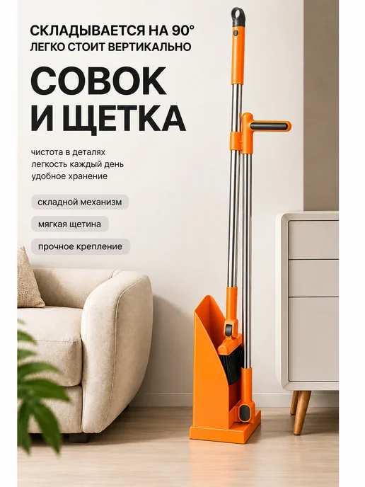 Совок и щетка для уборки 2в1 с длинной ручкой, оранжевый, фото 8