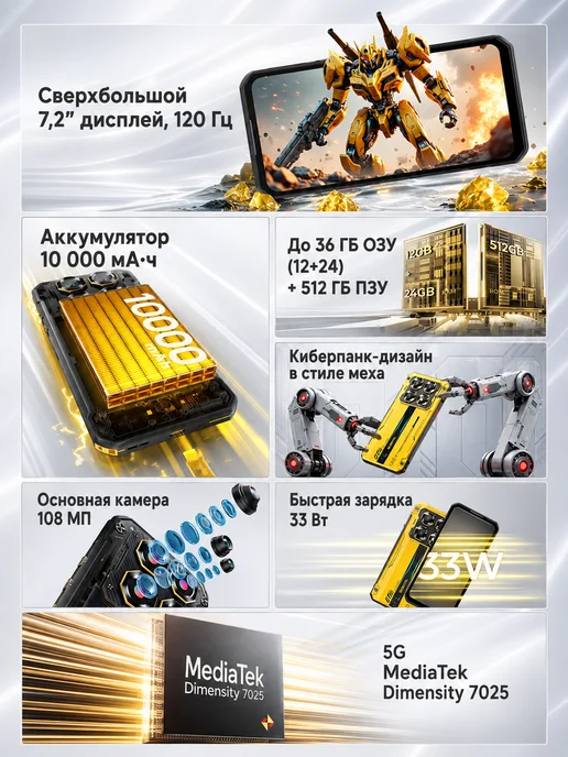 Смартфон OUKITEL 7.2 12/512 ГБ, желтый, фото 3