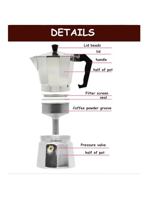 RSCHEF Кофейник для мокко из алюминия 150ml for 3cups, 150 мл, фото 4