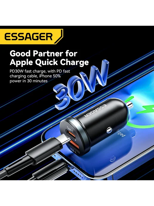 Essager Автомобильное Зарядное Устройство 30W USB C С Быстро, 30 Вт, фото 3