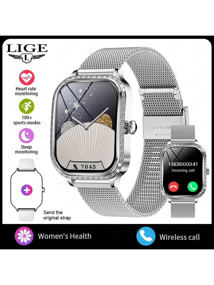 LIGE HUAWEI Умные часы для женщин 1,75 дюйма HD дисплей mesh belt