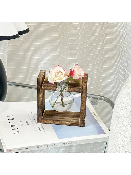 Нет бренда Ваза для цветов в деревянной подставке, 12.5x13 см, Цвет BJ, Деревянная с лампочками BJ1897-25, фото 5