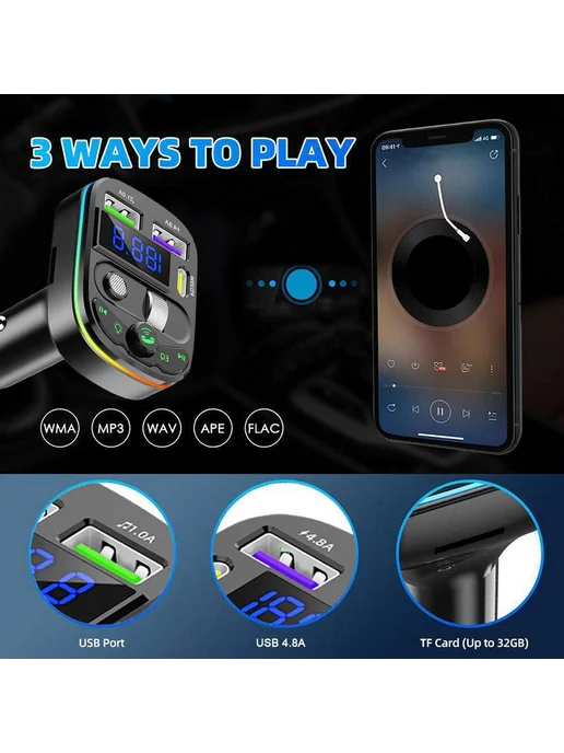 Автомобильный Bluetooth FM-передатчик с быстрой зарядкой QC3, вариант, фото 7