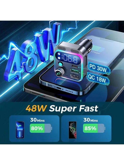 Автомобильный Bluetooth-передатчик 48W с зарядкой, 48 Вт, фото 6