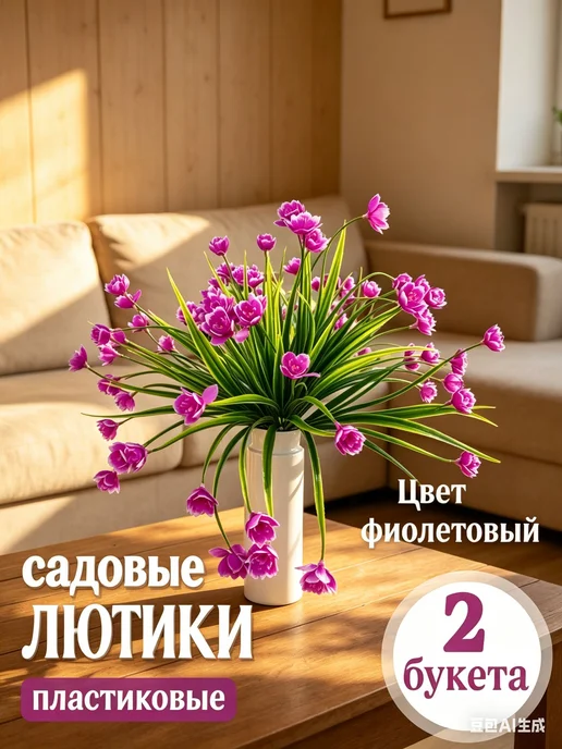 Искусственные лютики фиолетовые 36 см набор два букета цветы, фиолетовый