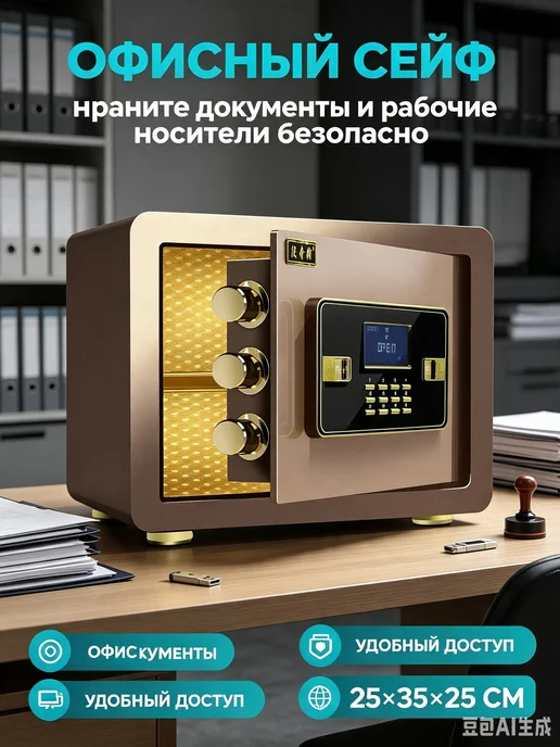 Сейф умный с биометрическим замком для денег и документов, черный