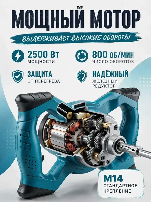 Миксер строительный для раствора электрический мощный, синий, фото 2