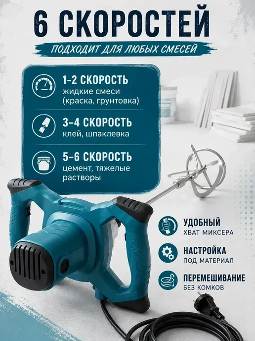 Миксер строительный для раствора электрический мощный, синий, фото 3